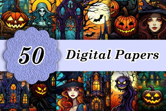 50 Retro Halloween Stained Glass Papers: Elevate Your Designs