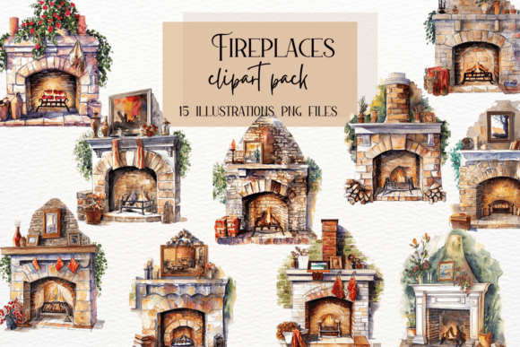 Warm Up Your Designs with Cozy Watercolor Fireplaces Clipart